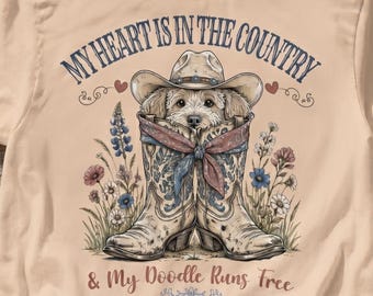 Comfort Colors Shirt, My Heart Is In The Country Doodle Dog Tee, Vintage Cowgirl Art T-Shirt, Gift for Pet Owner, Western Top