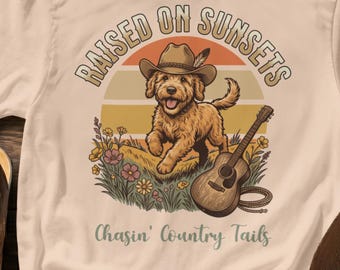 Comfort Colors Shirt, Raised On Sunsets Doodle Dog Tee, Sunset Graphic T-Shirt, Gift for Pet Owner, Western Dog Mom Clothes