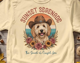 Comfort Colors Shirt, Sunset Serenade Doodle Dog Tee, Sunset Graphic T-Shirt, Gift for Pet Owner, Vintage Cowgirl Art Top