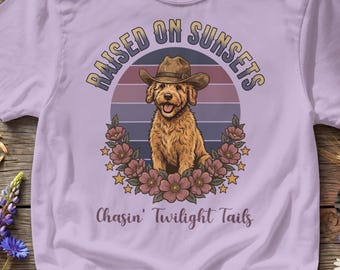 Comfort Colors Shirt, Raised On Sunsets Doodle Dog Tee, Sunset Graphic T-Shirt, Gift for Pet Owner, Western Dog Mom Clothes