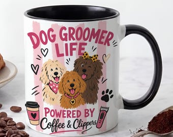 Three Dog Squad Mug, Dog Groomer Life Coffee Cup, Powered by Coffee and Clippers, Doodle Trio Mug, Dog Groomer Gifts, Pet Groomer Gift