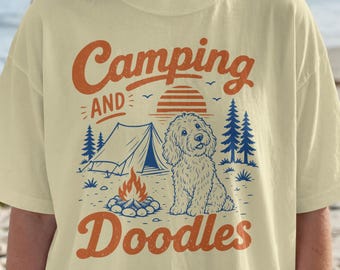 Comfort Colors Shirt, Camping and Doodles Dog Camper Tee, Forest Graphic T-Shirt, Camper Gift Ideas, Wilderness Adventure Top