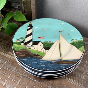 Four (4) Sakura COASTAL BREEZE Salad Plates - Striped Cape Hatteras Lighthouse - By Folk Artist Warren Kimble