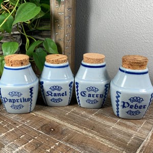 Søholm Denmark Spice Storage Jars With Cork Lids - Peber * Paprika * Ranel * Carry - Blue Faience