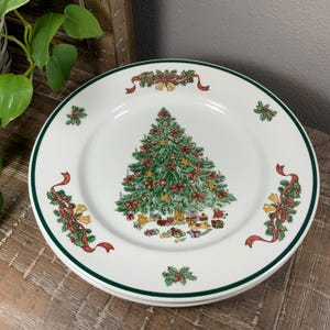 Two (2) Johnson Brothers VICTORIAN CHRISTMAS Tree Dinner Plates - Made in England - Vintage Holiday Dinnerware
