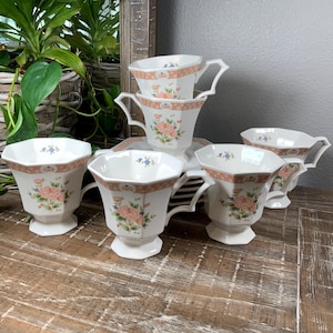 Nikko CAMEO ROSE Octagon-Shaped Cups and Saucers - Vintage 1980s - Classic Collection Dinnerware - Select 4 or 6 Sets