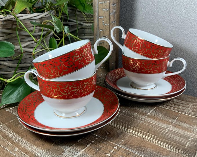 Set of 4 Mikasa PARCHMENT RED Tea Cups and Saucers - Vintage Fine China - Holiday Elegance
