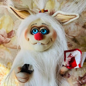 Collectible Handmade Doll Shaggy White Home Decor Art Figurine Kind Sugar Elf, Rare Gift