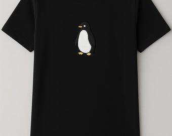 Embroidered Penguin T-Shirt: Minimalist Black Tee