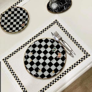 Farmhouse Checkered Placemat – 30x40 cm Table Mat, Linen Look, Mackenzie Style, Black White Green Kitchen Decor
