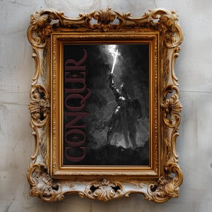 May include: A framed artwork featuring a medieval knight holding a glowing sword aloft. The word "CONQUER" is vertically printed in burgundy. The ornate gold frame has a white accent and decorative carvings.