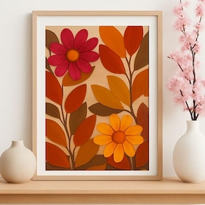 Autumn Floral Wall Art Printable | Warm Botanical Abstract | Red & Yellow Daisy Illustration | Cozy Fall Home Decor | Digital Download