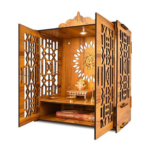 Wooden Temple Mandir with Door:Pooja Unit, LED Light & Storage
