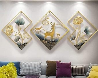 Escultura de pared de familia de ciervos de metal, hojas de ginkgo, decoración moderna para el hogar (juego de 3)