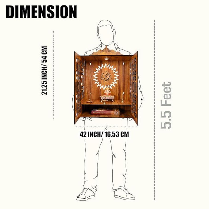 Puede incluir: Un mueble de oraci&oacute;n de madera con puertas abiertas, con un dise&ntilde;o en forma de sol y una peque&ntilde;a estatua en el interior. El mueble mide 106,68 cm de ancho y 54 cm de alto. La palabra "DIMENSION" est&aacute; en la parte superior.