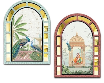 Decoración de pared Jharokha de arte mogol / Juego de 2, decoración india para el hogar