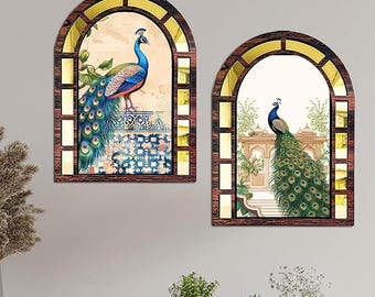 Decoración de pared Jharokha de madera con pavo real / Arte indio (15,5 x 11,5 pulgadas)