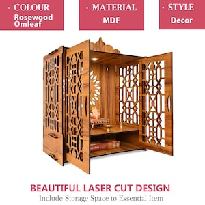 Puede incluir: Armario decorativo de MDF Rosewood Omleaf con dise&ntilde;o cortado con l&aacute;ser. El armario tiene un dise&ntilde;o calado decorativo en las puertas y los laterales, con espacio de almacenamiento. El armario est&aacute; hecho de MDF.