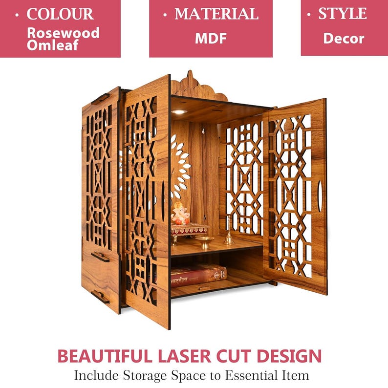 Puede incluir: Armario decorativo de MDF Rosewood Omleaf con dise&ntilde;o cortado con l&aacute;ser. El armario tiene un dise&ntilde;o calado decorativo en las puertas y los laterales, con espacio de almacenamiento. El armario est&aacute; hecho de MDF.