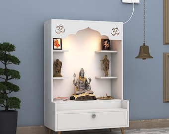 Modern White Wooden Home Temple with LED Lights - Large Puja Mandir