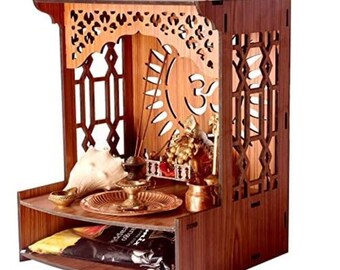 LED Wooden Temple Puja Mandir: Wall Mounted Teakwood Shrine