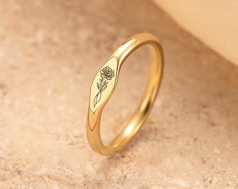 Personalized Birth Flower Ring, Dainty Custom Stacking Ring, Minimalist Floral Jewelry, Bridesmaid, Gift for Mom, mothers day, Size US(3-12)