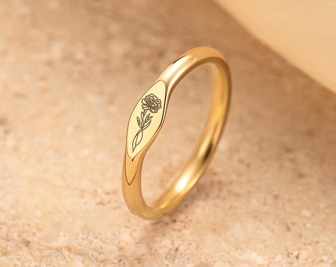 Personalized Birth Flower Ring, Dainty Custom Stacking Ring, Minimalist Floral Jewelry, Bridesmaid, Gift for Mom, mothers day, Size US(3-12)