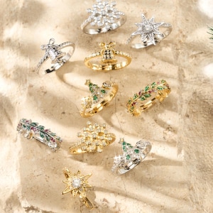 Christmas Rings - Snowflake, Christmas Tree, Bell, Star, Wreath - Gold & Silver - Holiday Jewelry Gift for Her, Black Friday