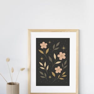 Night Garden Wall Art – A4 Digital Print, Soft Floral Poster in Pink and Gold