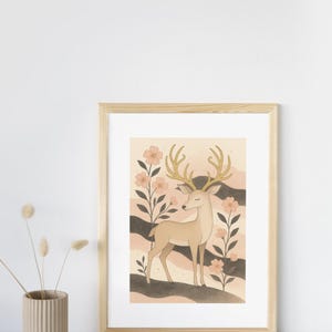 Gentle Deer Wall Art - Soft Beige & Pink Floral Digital Poster | A4 Printable Woodland Decor