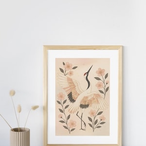 Elegant Red-Crowned Crane Wall Art – Soft Floral A4 Digital Print | Gentle Japanese Bird Printable Poster