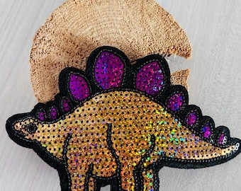 Contour Kletti Velcro Patch | Magically Sparkling Stegosaurus Dino Sequins | School Bag Backpack First Day of School Schoolchild