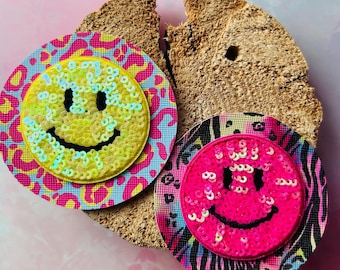 Kletti Velcro Patch | Stylish leopard print sparkling smiley sequins | Customize | School bag backpack back to school schoolchild
