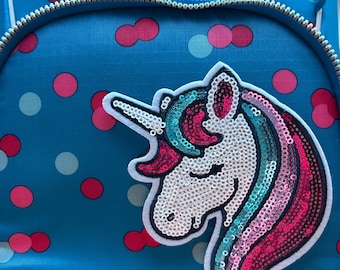 Contour Kletti Velcro Patch | Enchantingly glittering unicorn head, colorful unicorn with sequins | School bag, backpack, first day of school, schoolchild