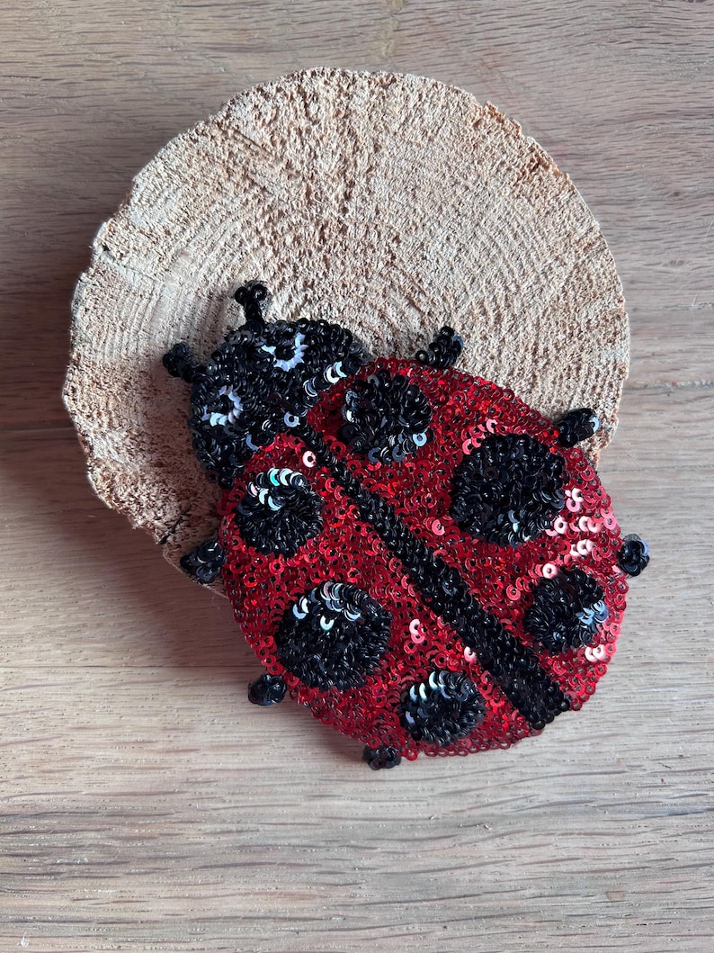K&ouml;nnte beinhalten: Rote, paillettenbesetzte Marienk&auml;fer-Brosche mit schwarzen Punkten und F&uuml;hlern. Die Brosche ist vor einem hellbraunen, strukturierten Holzgrund platziert. Das Marienk&auml;fer-Design ist detailliert und auff&auml;llig, ideal f&uuml;r einen Hauch von Laune.