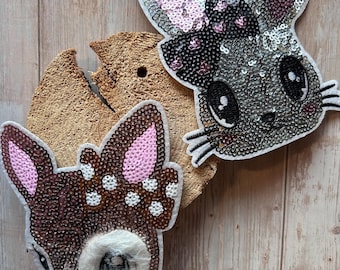 Contour Kletti Velcro Patch | Enchantingly sparkling deer and rabbit sequins | School bag, kindergarten backpack | First day of school, schoolchild