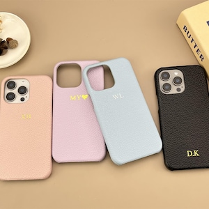 Custom iPhone 16 15 Case – Vegan Leather Monogram Cover, Personalized Initials Name Phone Case iPhone 14 13 12 Pro Max Gift for Her
