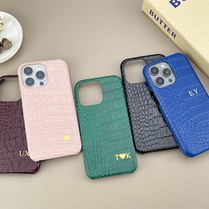 Luxury Personalized Croc Vegan Leather Gold Initial Letters iPhone 15 Phone Case iPhone 14 13 12 11 Pro Max Custom Monogram Gift For Her Him