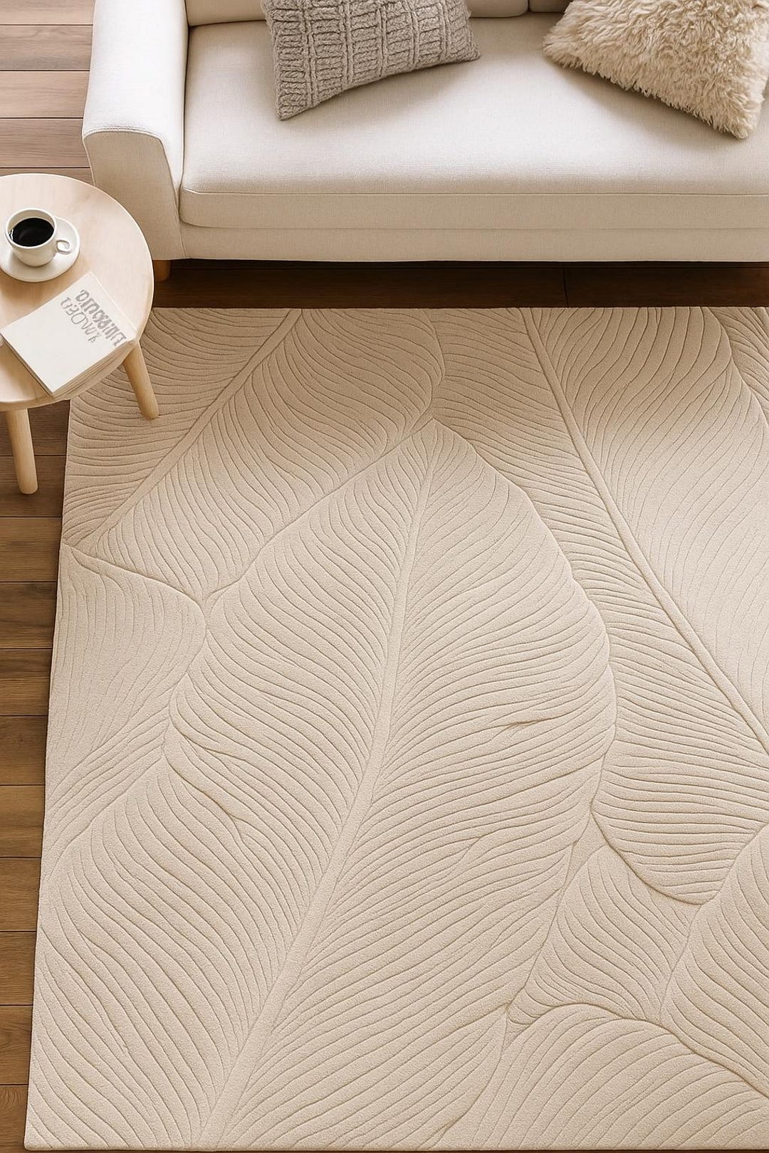 Luxury Hand-tufted Wool Carved Leaf Design Rug – Neutral Beige Modern ...