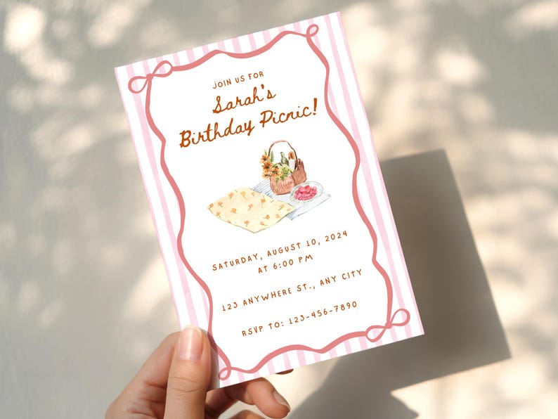 May include: A pink and white striped invitation for Sarah's birthday picnic. The invitation includes the text "Join us for Sarah's Birthday Picnic!" and details for the event, including the date, time, and RSVP information.