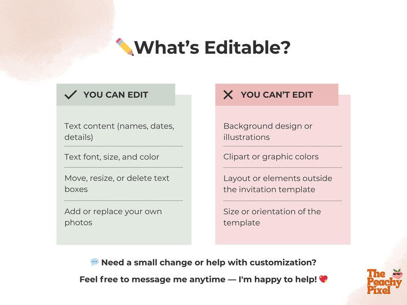 May include: An informational graphic with the title "What's Editable?" lists what can and cannot be edited in a template. The text includes details about text content, font, size, color, and photos. The Peachy Pixel logo is in the bottom right.