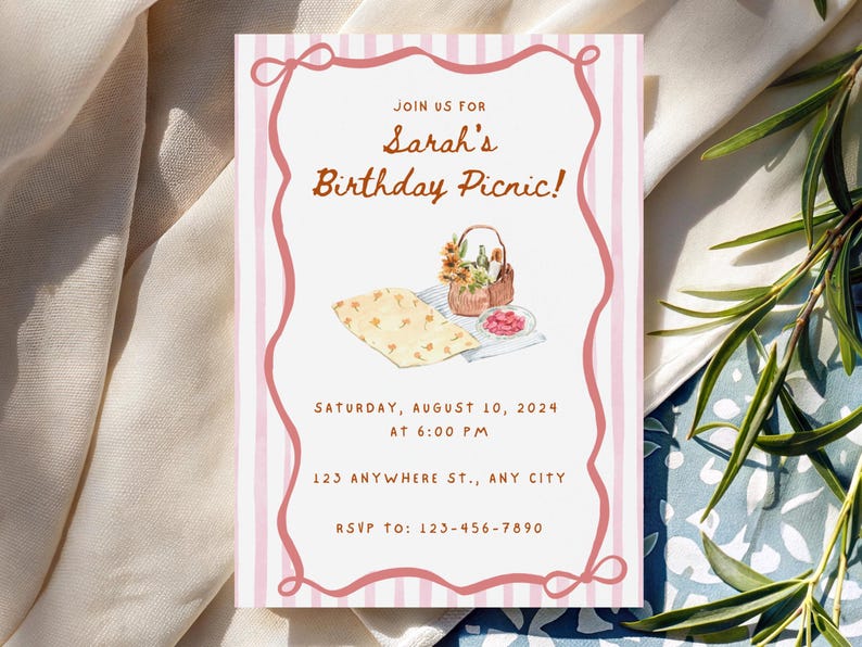 May include: A pink and white striped invitation with a watercolor illustration for Sarah's Birthday Picnic. The invitation includes the date, time, and location, with a decorative border and a picnic basket illustration.
