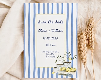 Rustic Lemon Save the Date Card | Italian Blue Striped Wedding Save the Date Template | Mediterranean Summer Wedding Invitation Printable