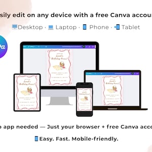 May include: Image showcasing a birthday picnic invitation design on various devices: desktop, laptop, phone, and tablet. The design features a picnic basket illustration and the text "Laura's Birthday Picnic!" The Canva logo is visible.
