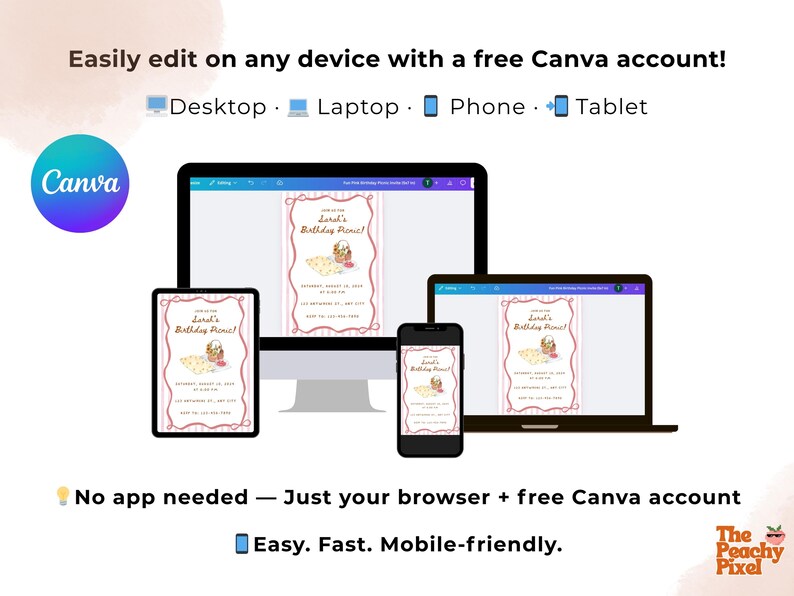 May include: Image showcasing a birthday picnic invitation design on various devices: desktop, laptop, phone, and tablet. The design features a picnic basket illustration and the text "Laura's Birthday Picnic!" The Canva logo is visible.