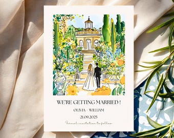 Editable Italian Garden Wedding Announcement Template | Elegant Illustrated Engagement Card | We're Getting Married Printable, Save the Date