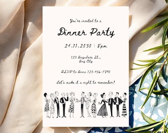 Editable Hand Drawn Dinner Party Invitation Template | Retro Sketch Cocktail Party Invite | Printable Black and White Thanksgiving Invite
