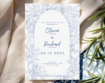 Blue Floral Wedding Invitation Template: Elegant Arch (Digital Download, Canva Printable 5x7" & 1080x1920px )