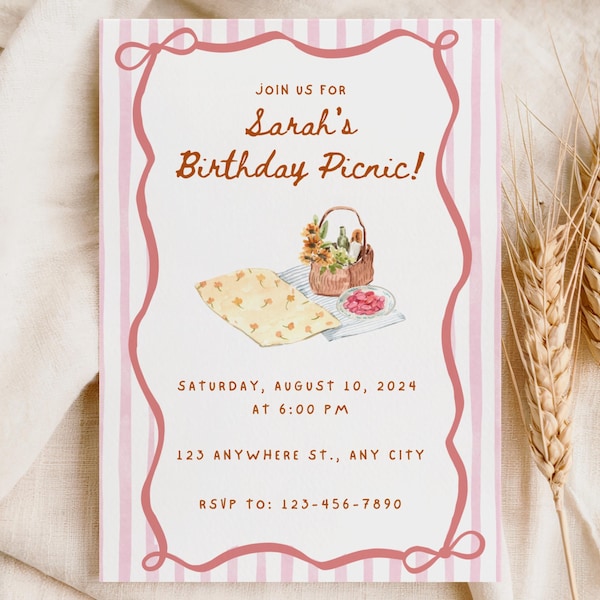 Pink Picnic Birthday Invitation, Editable Digital Outdoor Birthday Picnic Invite, Summer Birthday Party Template, Printable Instant Download