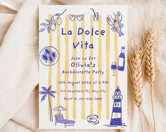 Invitación para despedida de soltera en la costa de Amalfi, plantilla italiana azul y amarilla editable dibujada a mano, invitación para despedida de soltera de verano La Dolce Vita